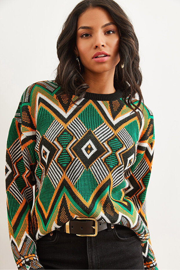 Women's Black Kilim Pattern Knitwear Sweater Kzk-19000869