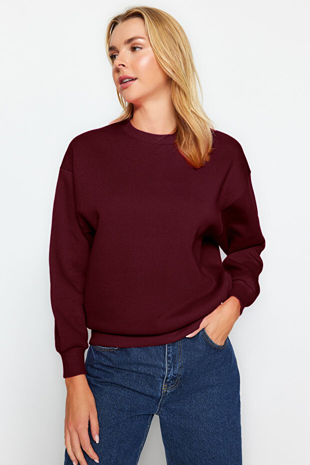 Bordo Kalın İçi Polarlı Regular/Normal Kalıp Bisiklet Yaka Basic Örme Sweatshirt TWOAW24SW00101 - 2