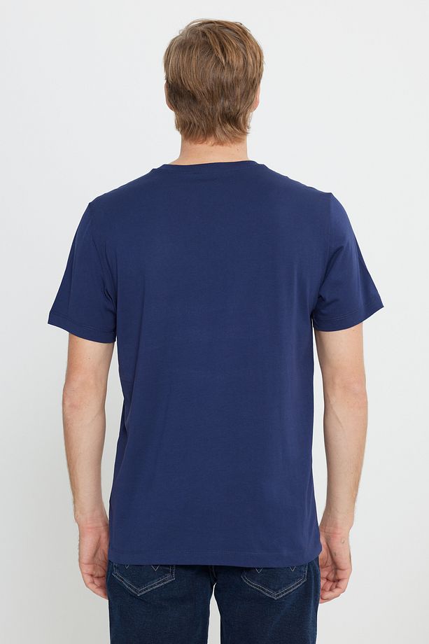 Regular Fit Normal Kesim %100 Pamuk Bisiklet Yaka Erkek Lacivert Minimal Logo Tişört - 5