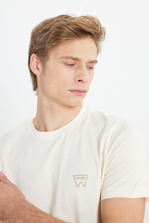 Regular Fit Normal Kesim %100 Pamuk Bisiklet Yaka Erkek Bej Minimal Logo Tişört - 4