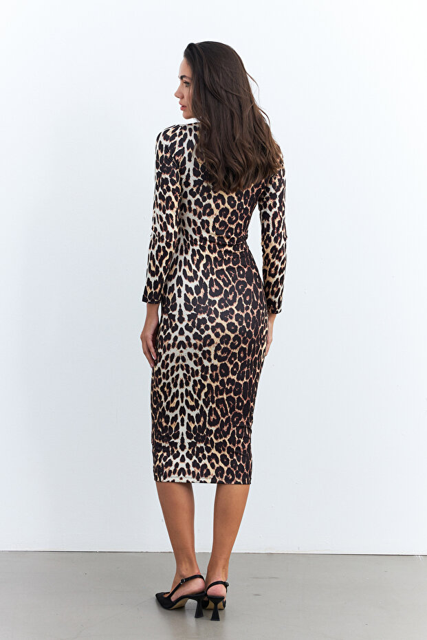 Kadın Camel-Siyah Leopar Midi Elbise RLO78 - 8