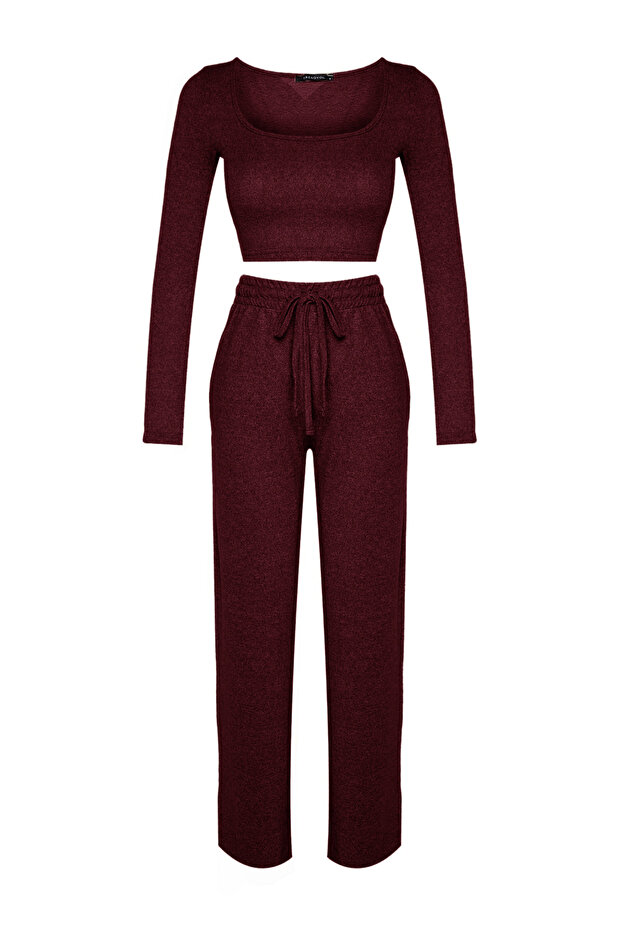 Bordo Yumoş Crop ve Wide Leg/Geniş Paça Örme Alt Üst Takım TWOAW23AU00125 - 9