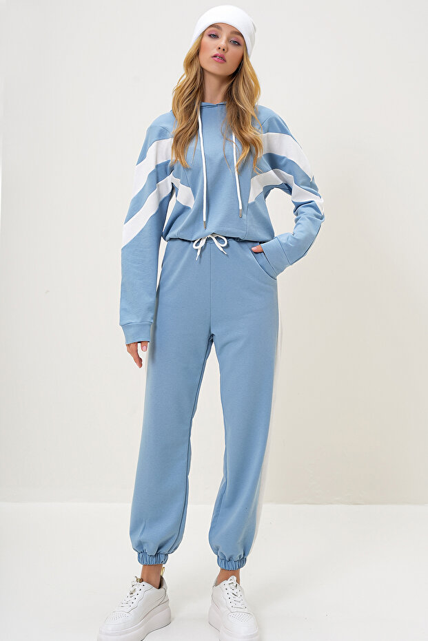 Kék kapucnis pulóver és rugalmas lábú tréningruha szett - ALC-X13094 - 3