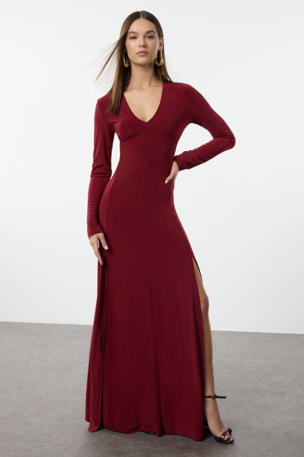 Bordo Düz V Yaka Skater/Belden Açılan Esnek Maxi Örme Elbise TWOAW25EL00299 - 3