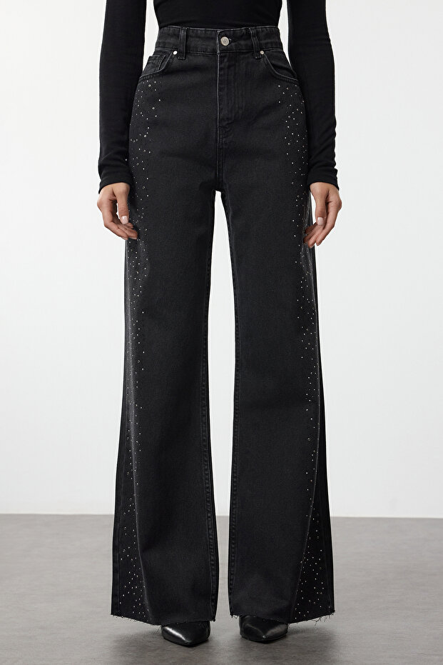 Siyah Taşlı Yüksek Bel Wide Leg Geniş Paça %100 Pamuk Non-Stretch Jeans TWOAW25JE00379 - 3
