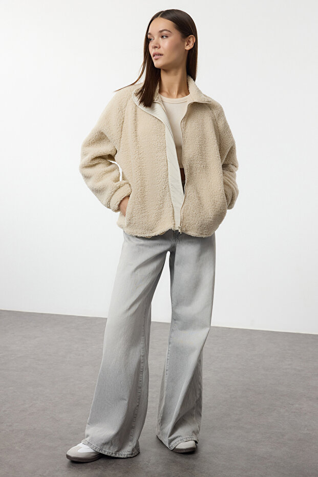 Taş Peluş Regular/Normal Kalıp Dokuma Garnili Fermuarlı Kalın Örme Sweatshirt TWOAW25SW00139 - 2