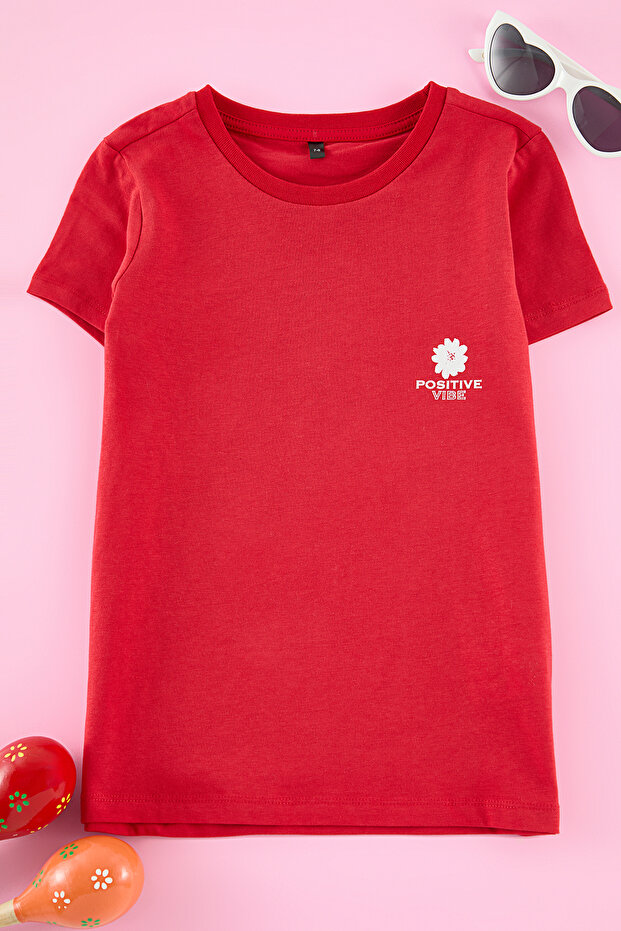 Kırmızı Kız Çocuk Anne-Kız Baskılı Örme Mini Me T-Shirt TKDAW25TS00021 - 2