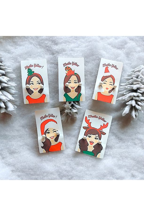 Yılbaşı Hediyesi 5 Adet Inci Küpeli Kartlar Advent Calendar - 2