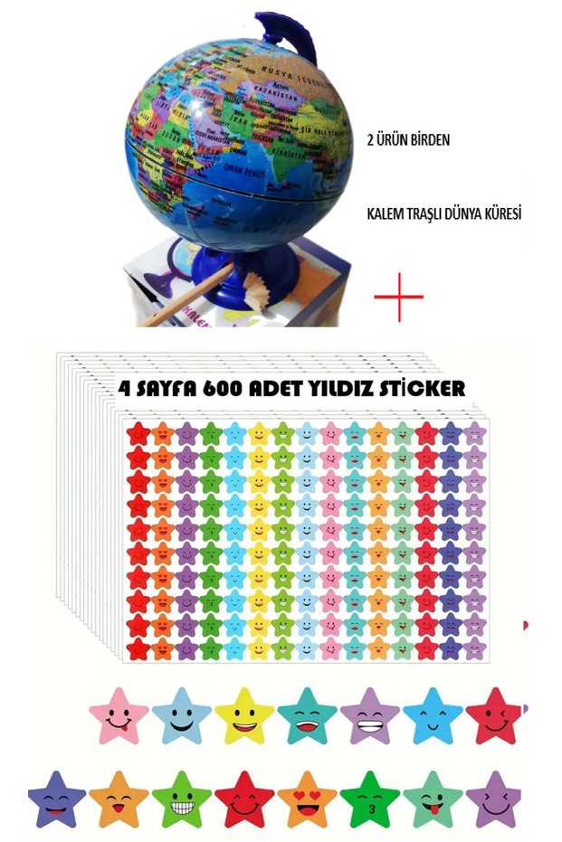 Earth Globe Star Sticker - 600 Pcs 4Pcs School Greeting, Sharpener Removing Set
