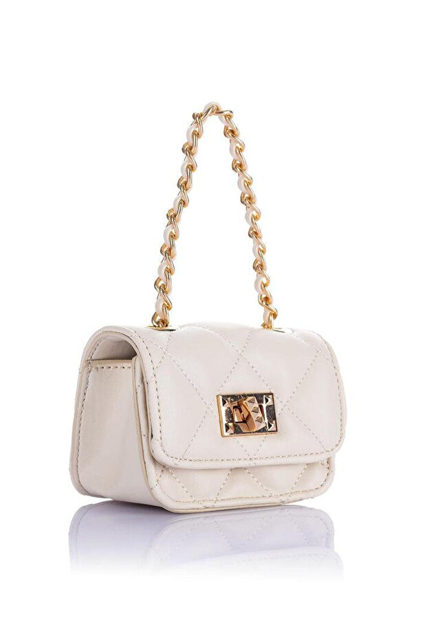Mini Handbag and Wallet Bag with Quilted Chain Detail - Cream