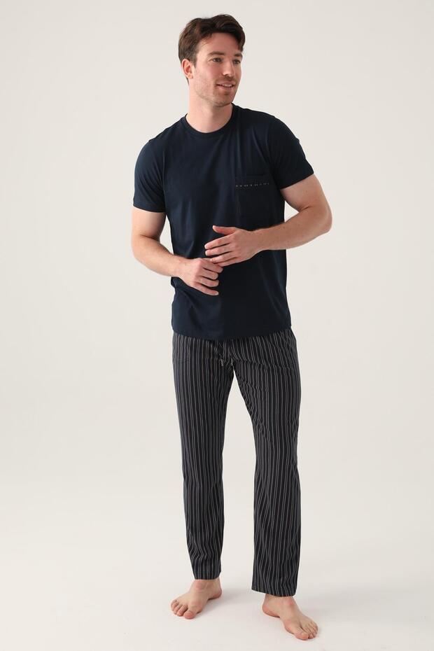 Striped Crew Neck Summer Men's Pajamas Set, Plus Size Pajama Set, 100% Cotton