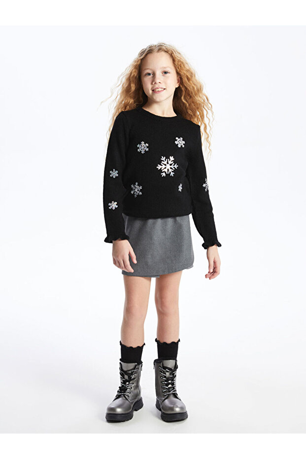 Bisiklet Yaka Pul İşlemeli Uzun Kollu Kız Çocuk Triko Kazak - 2