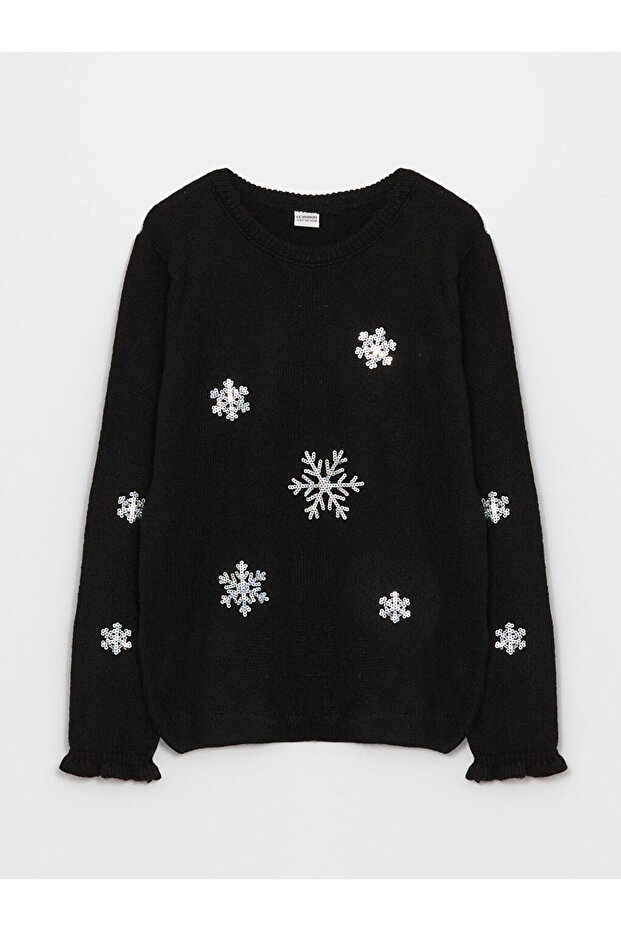 Bisiklet Yaka Pul İşlemeli Uzun Kollu Kız Çocuk Triko Kazak - 4