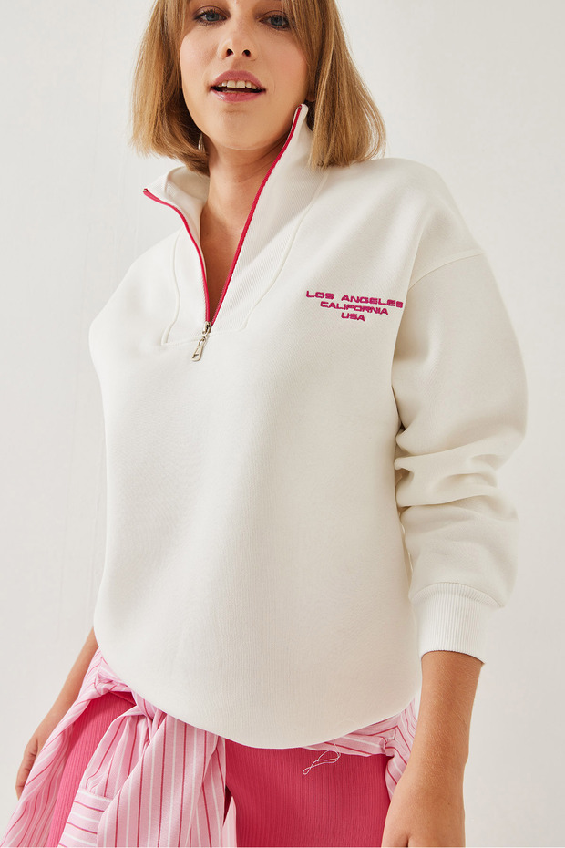 Kadın Dik Yaka Fermuar Detaylı Şardonlu Oversize Sweatshirt 60351177 - 4