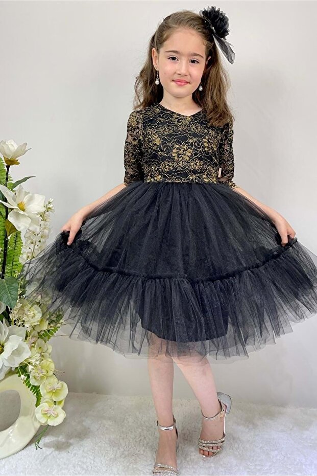 Kordone Lace Back Zippered Girls Tutu Evening Dress Black