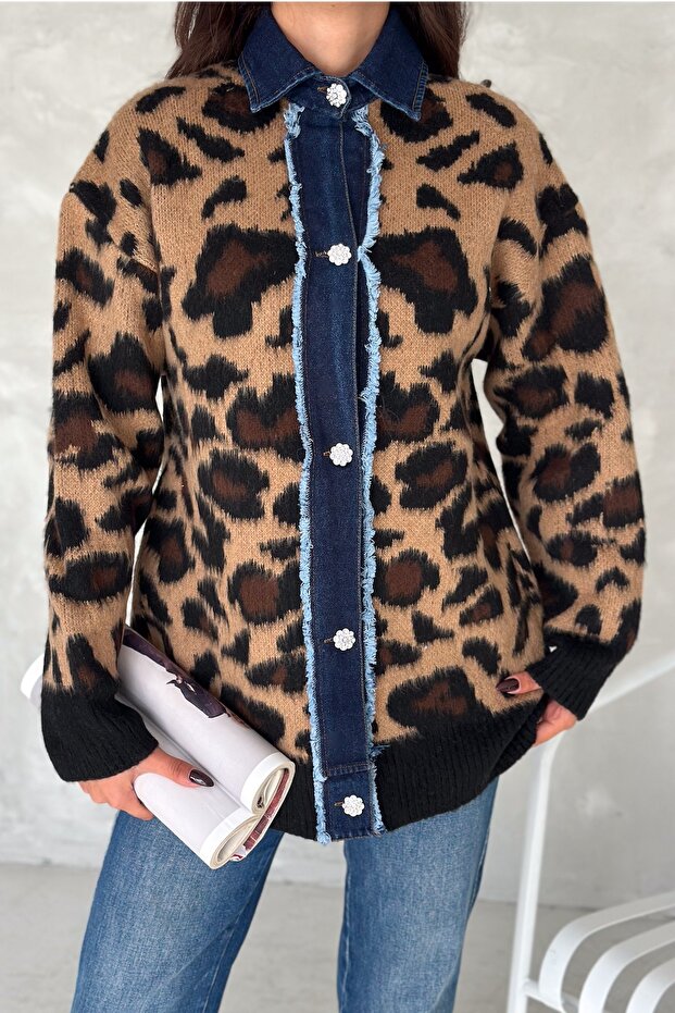 Women's Leopard Pattern Standard Size Denim Detailed Stone Button Design Oversize Knitwear Cardigan
