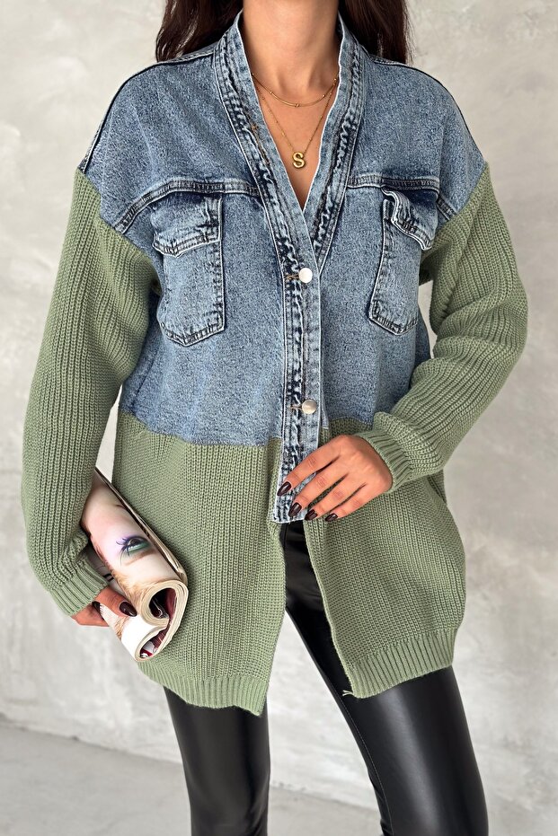 Women's Khaki Standard Size Knitwear Detailed Design Oversize Denim Jacket