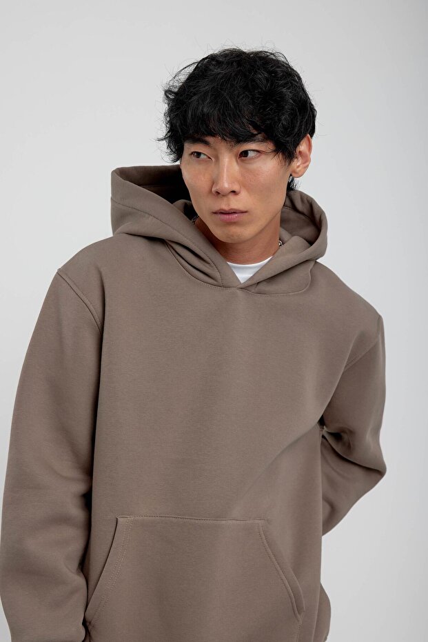 Vizon Kapüşonlu Basic Şardonlu Sweatshirt - 2