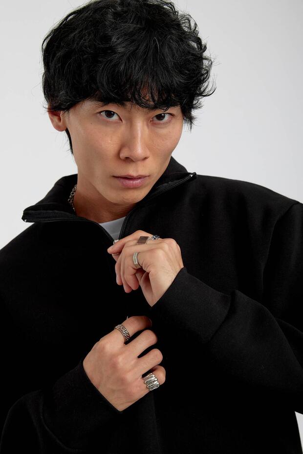 Siyah Yakası Fermuarlı Basic Şardonlu Sweatshirt - 3