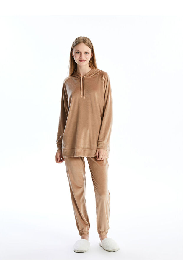 Kapüşonlu Kadife Kadın Pijama Üst - 2