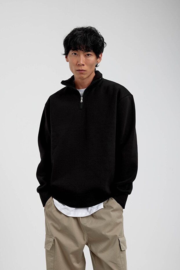 Siyah Yakası Fermuarlı Basic Şardonlu Sweatshirt - 2