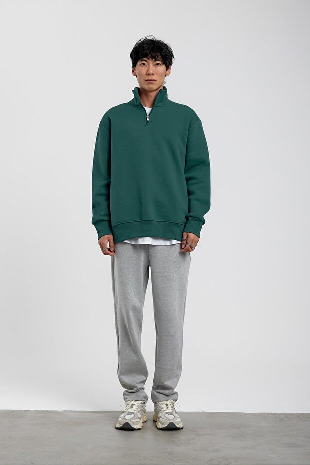 Green Basic Raised Sweatshirt with Zippered Collar - 1