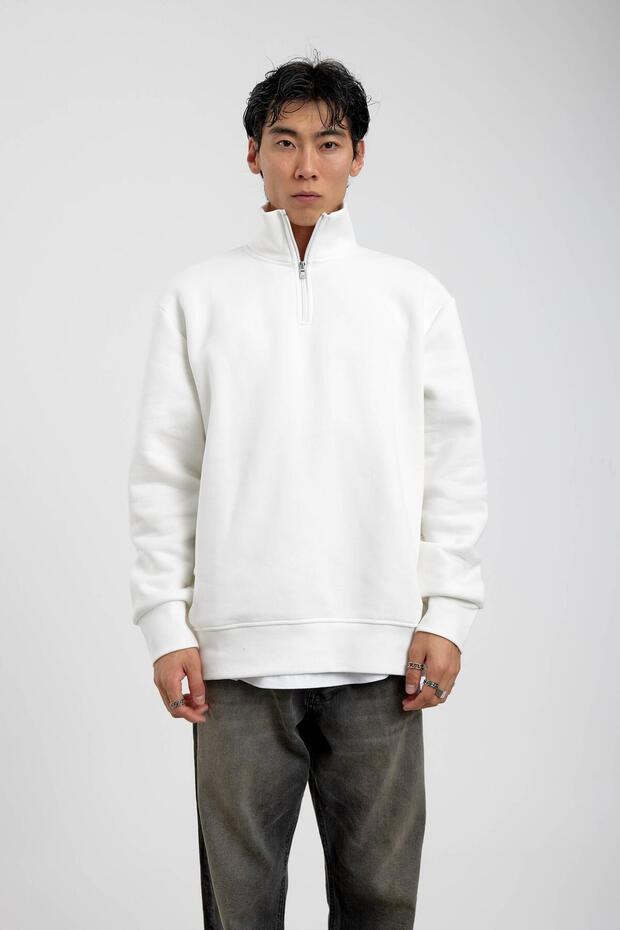 White Basic Raised Sweatshirt with Zippered Collar - 3