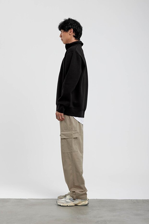 Siyah Yakası Fermuarlı Basic Şardonlu Sweatshirt - 4