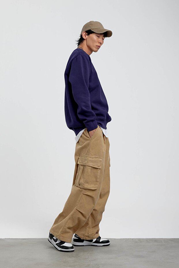 Lacivert Bisiklet Yaka Basic Şardonlu Sweatshirt - 2