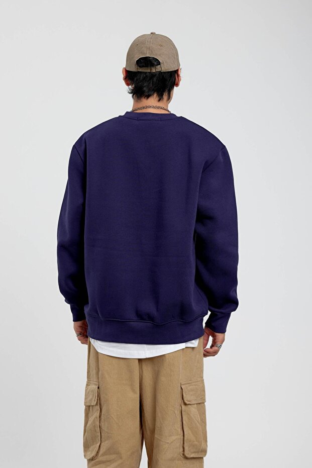 Lacivert Bisiklet Yaka Basic Şardonlu Sweatshirt - 4