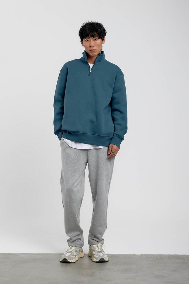 Mavi Yakası Fermuarlı Basic Şardonlu Sweatshirt - 1