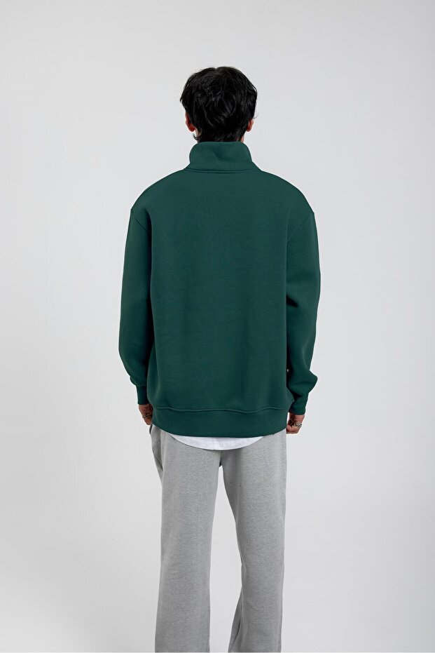 Green Basic Raised Sweatshirt with Zippered Collar - 4