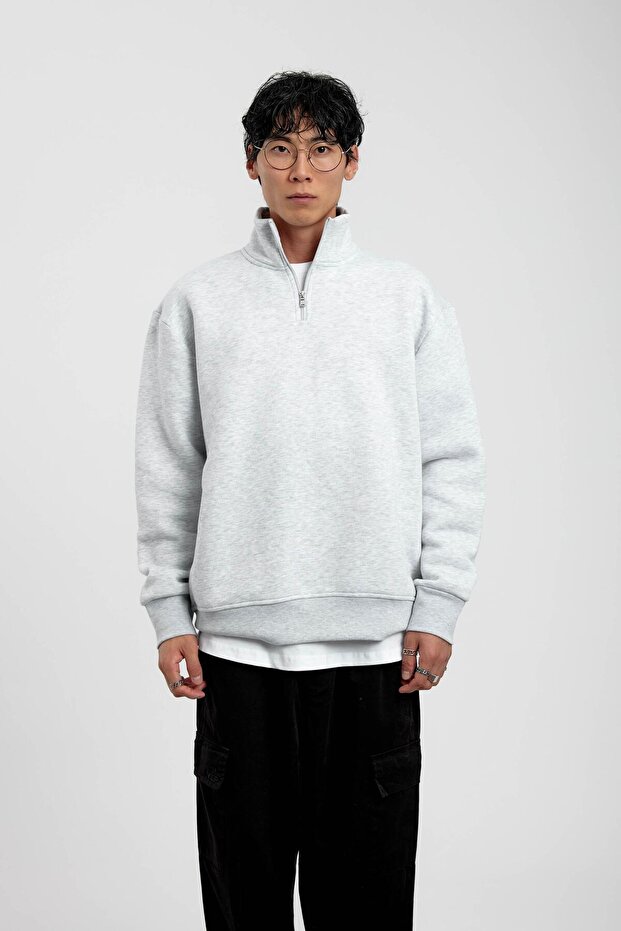 Šedá mikina Basic s límcem na zip - 3