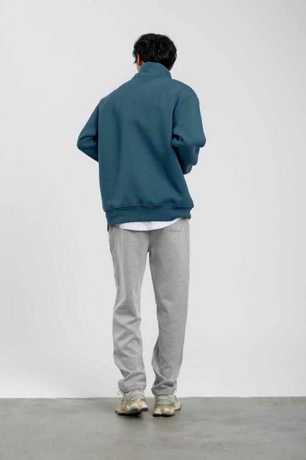 Mavi Yakası Fermuarlı Basic Şardonlu Sweatshirt - 5