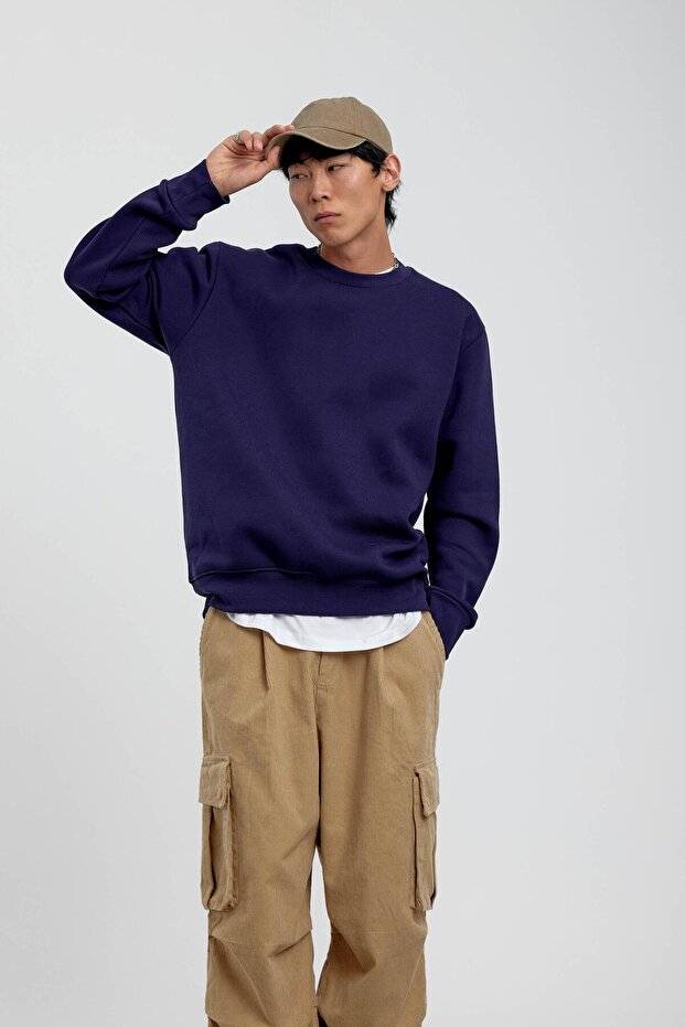 Lacivert Bisiklet Yaka Basic Şardonlu Sweatshirt - 1