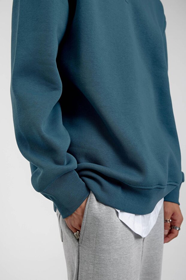 Mavi Yakası Fermuarlı Basic Şardonlu Sweatshirt - 3