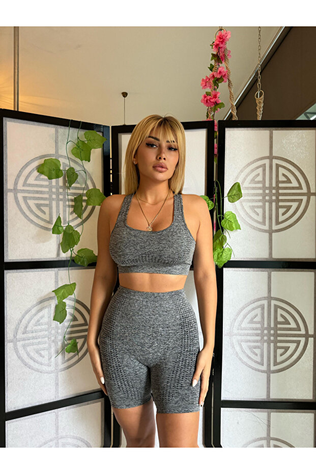 Melange Sports Shorts Bralet Leggings Set
