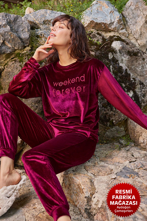 Women's fuchsia velvet pajama set with crew neck and long sleeve b1-4 - 10118 - aydogan ®