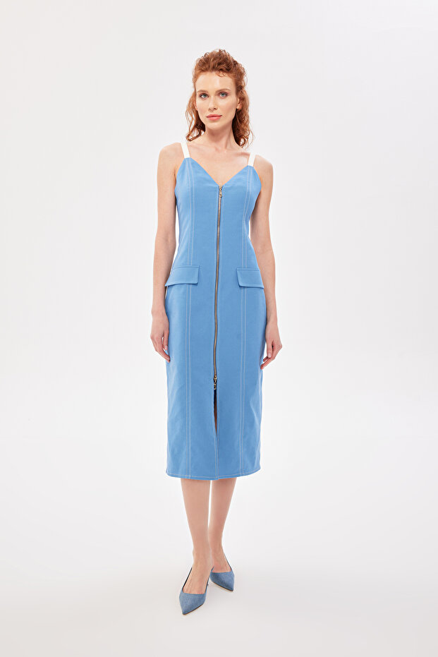 Önü Fermuarlı Midi Elbise Mavi - 1