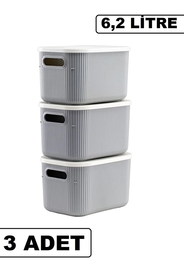 3 Pieces Storage 6lt Gray Multi-Purpose Closet Organizer Box with Lid, Decorative Storage Box - 2