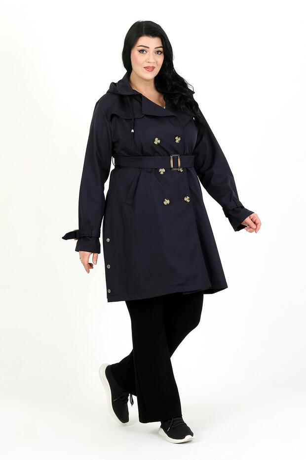 Women's Navy Blue Lined Water Repellent Bondit Plus Size Trench Coat