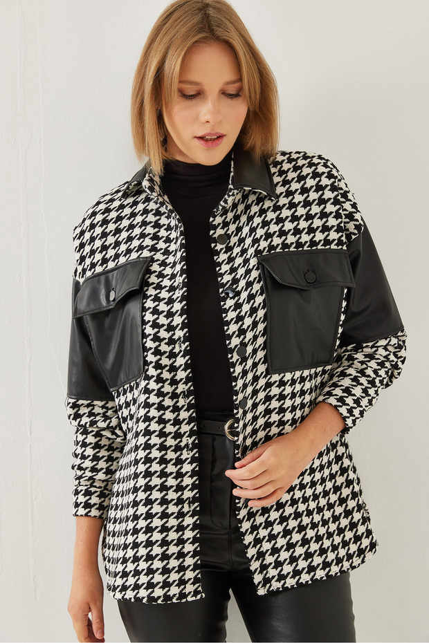 Women's Black and White Houndstooth Patterned Leather-Trimmed Cashmere Shirt 60351193
