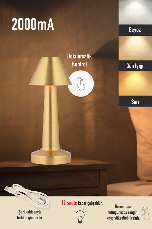 Percy Eskitme Şarjlı Dokunmatik Dim Edilebilir 3 Renkli Masa Lambası 2000ma Pil Gücü Ile 7 Saat - 1