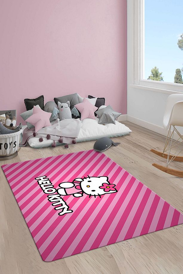 Kaymaz Taban Makinada Yıkanabilir Dijital Baskı Hello Kitty Desenli Genç ve Çocuk Odası Halısı Dot T - 1