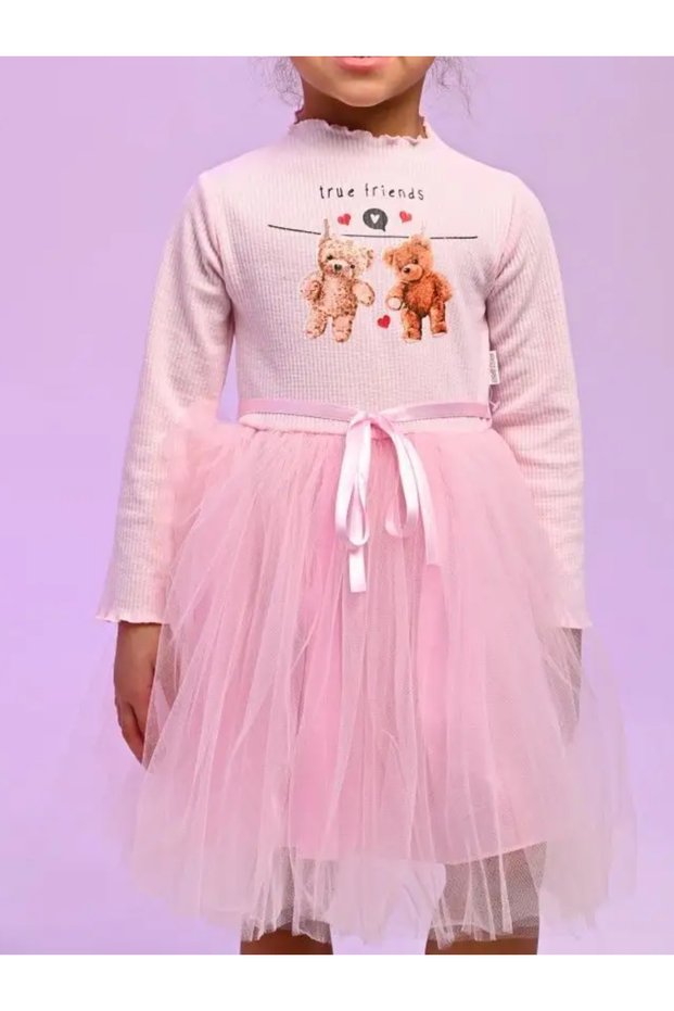 Cotton Lined Long Sleeve Cute Bears Printed Tulle Girls' Dress