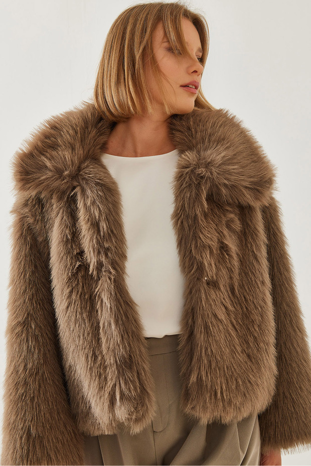 Women's Mink Collared Faux Fur Lined Coat 38120 60251969
