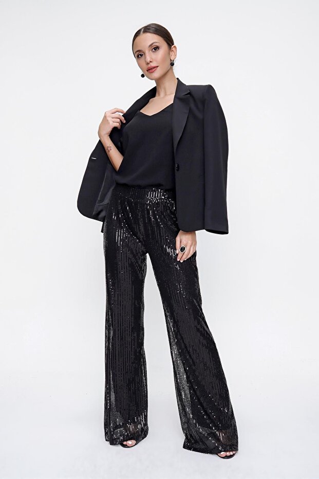 Sequined Lined Tulle Trousers with Elastic Waist