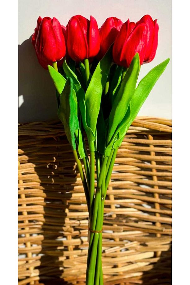 OSOHOME Yapay LÜKS 5 ADET Islak Lale Buketi Gerçek Doku Kırmızı Renk 32 CM - 3