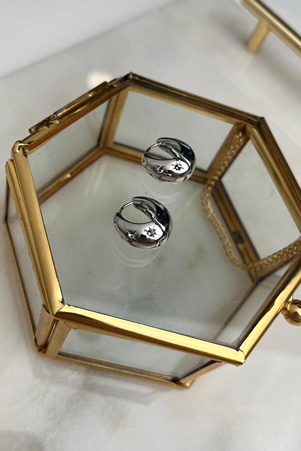 Oval Minimal Taşlı Halka Küpe - 1