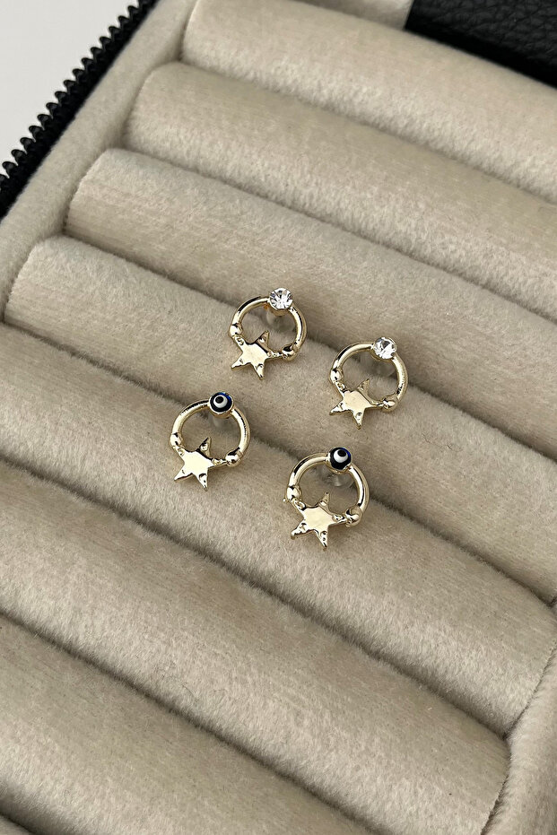 مجموعة أقراط ذهبية صفراء مرصعة بالنجوم - 1